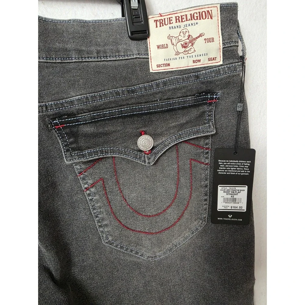 True Religion Men's Ricky SN Flap Straight Jeans in a grey phantom wash 40x34